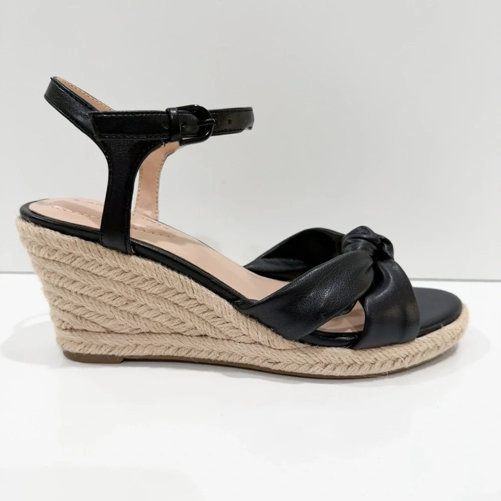 Bandolino Justyne Espadrille Wedge Sandal Knot Ankle Strap Jute Heel Black 5 NEW